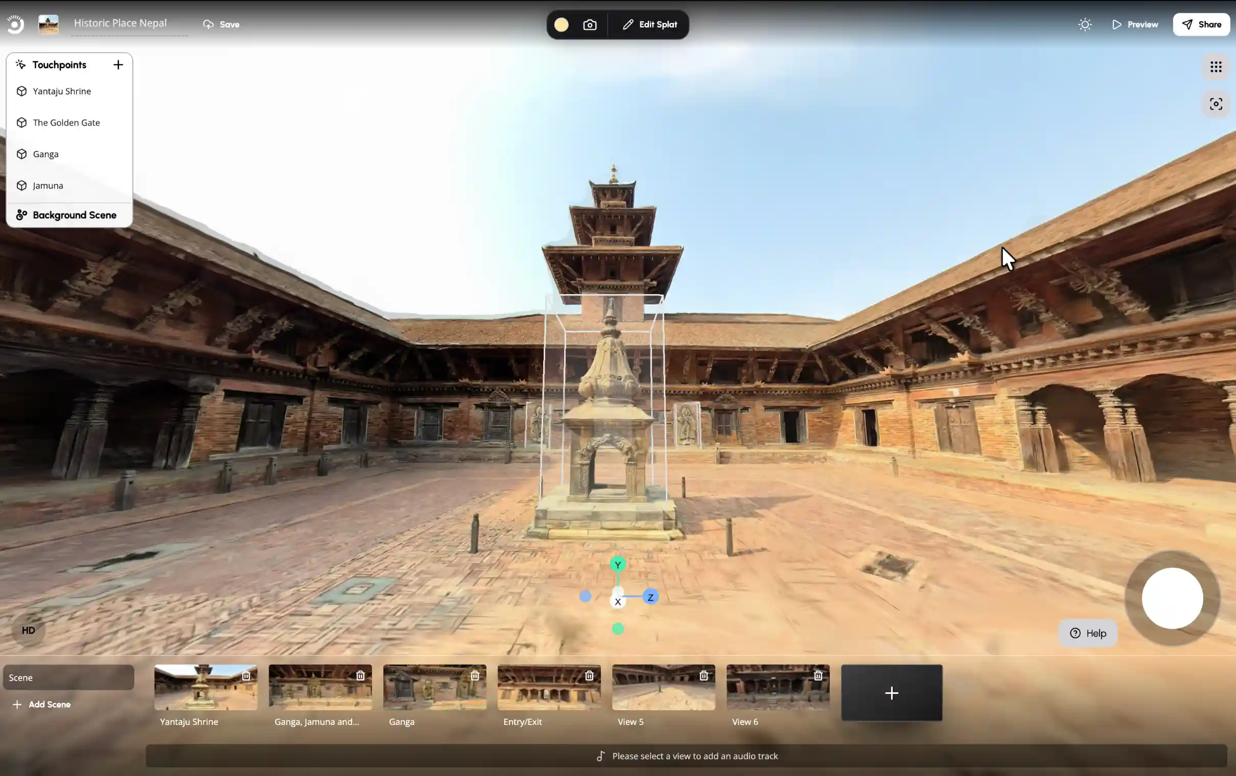 Captures Studio interface showcasing 3D scene creation, editing, and publishing tools including story mode controls, 3D Gaussian Splat editing, and virtual tour features